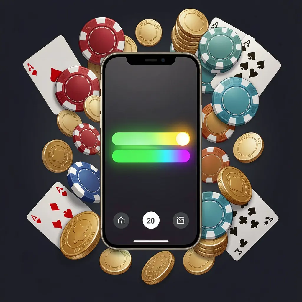 9AKING casino app installation on a smartphone with a glowing progress bar, surrounded by coins, chips, and cards on a dark background
