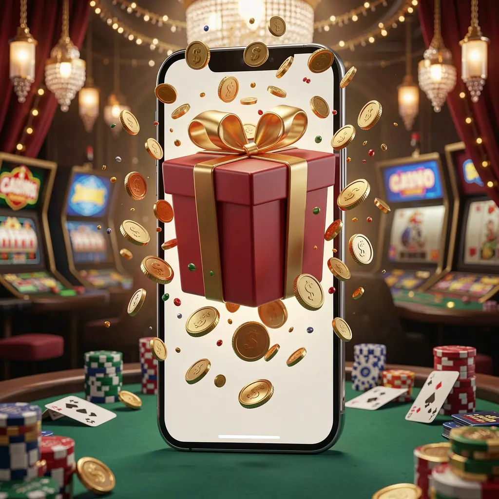 9AKING mobile casino bonus app concept showing a phone screen with a gift box and coins bursting out in a festive casino atmosphere