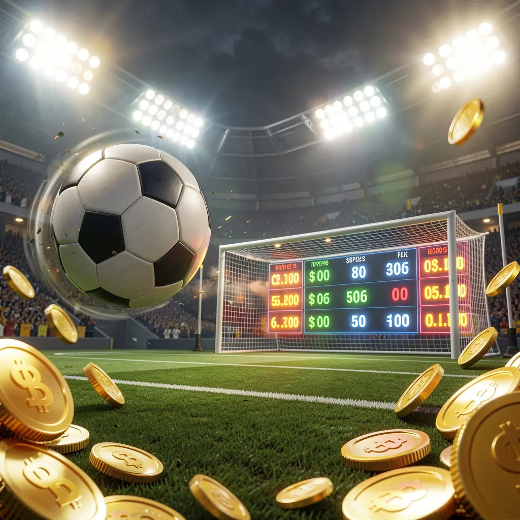 9AKING premium match betting visual showing a soccer ball flying toward the goal in a stadium with floodlights, glowing odds interface, and golden coins creating a dynamic sports betting atmosphere