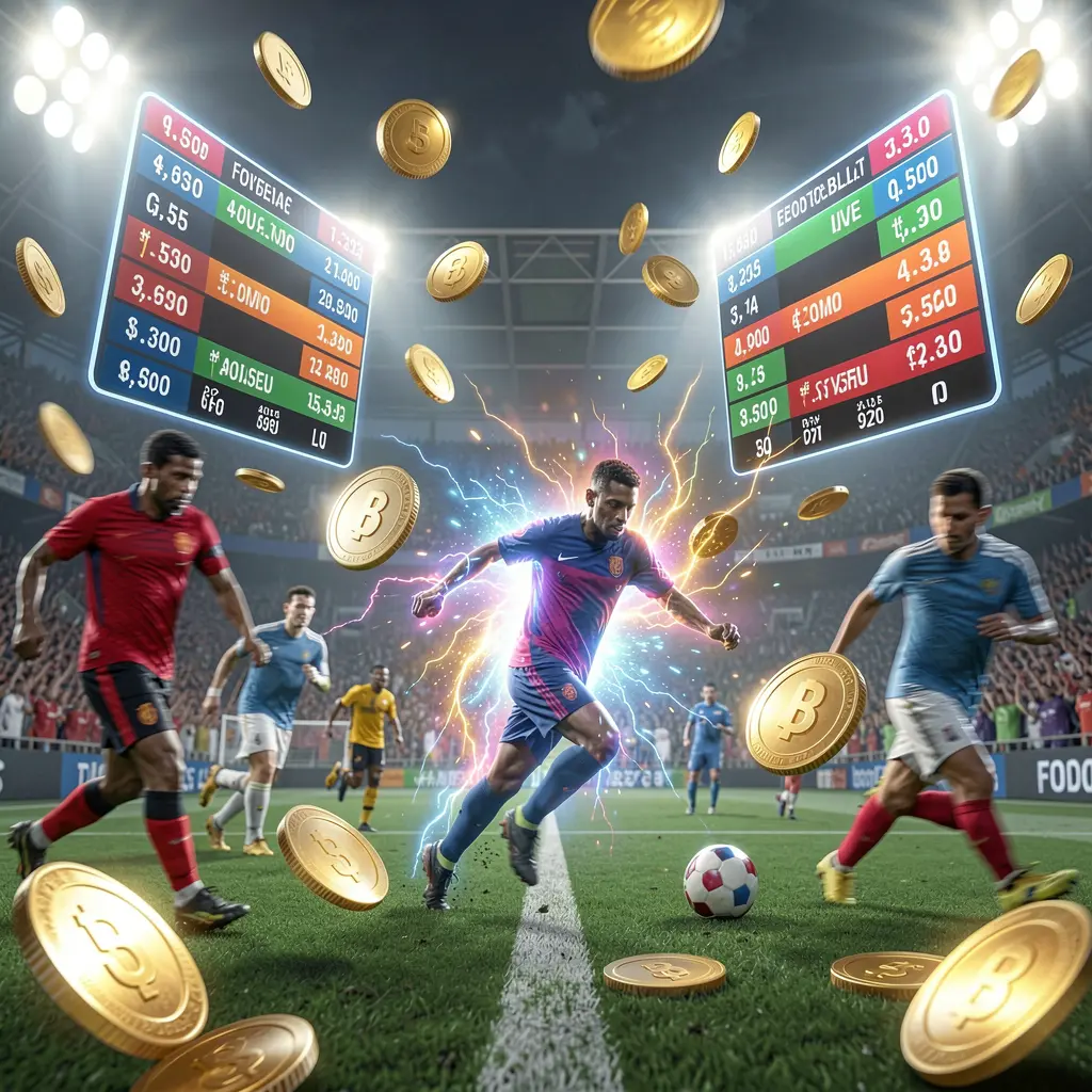 9AKING live football betting concept showing a soccer stadium with bright lights, blurred players in action, floating odds panels, coins, and dynamic energy effects in a premium cinematic render