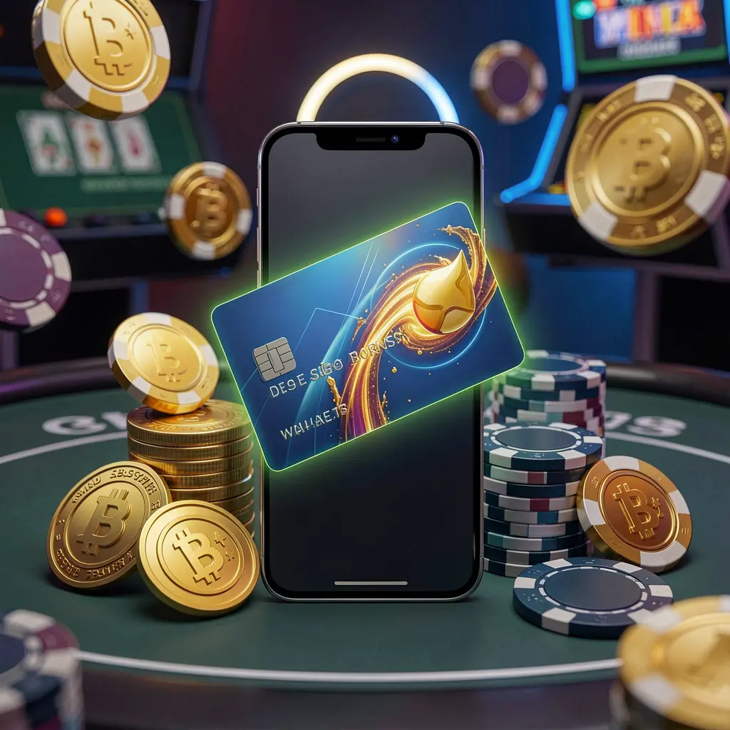 9AKING deposit bonus concept featuring a smartphone wallet with a glowing payment card, surrounded by golden coins and poker chips in a modern mobile casino style