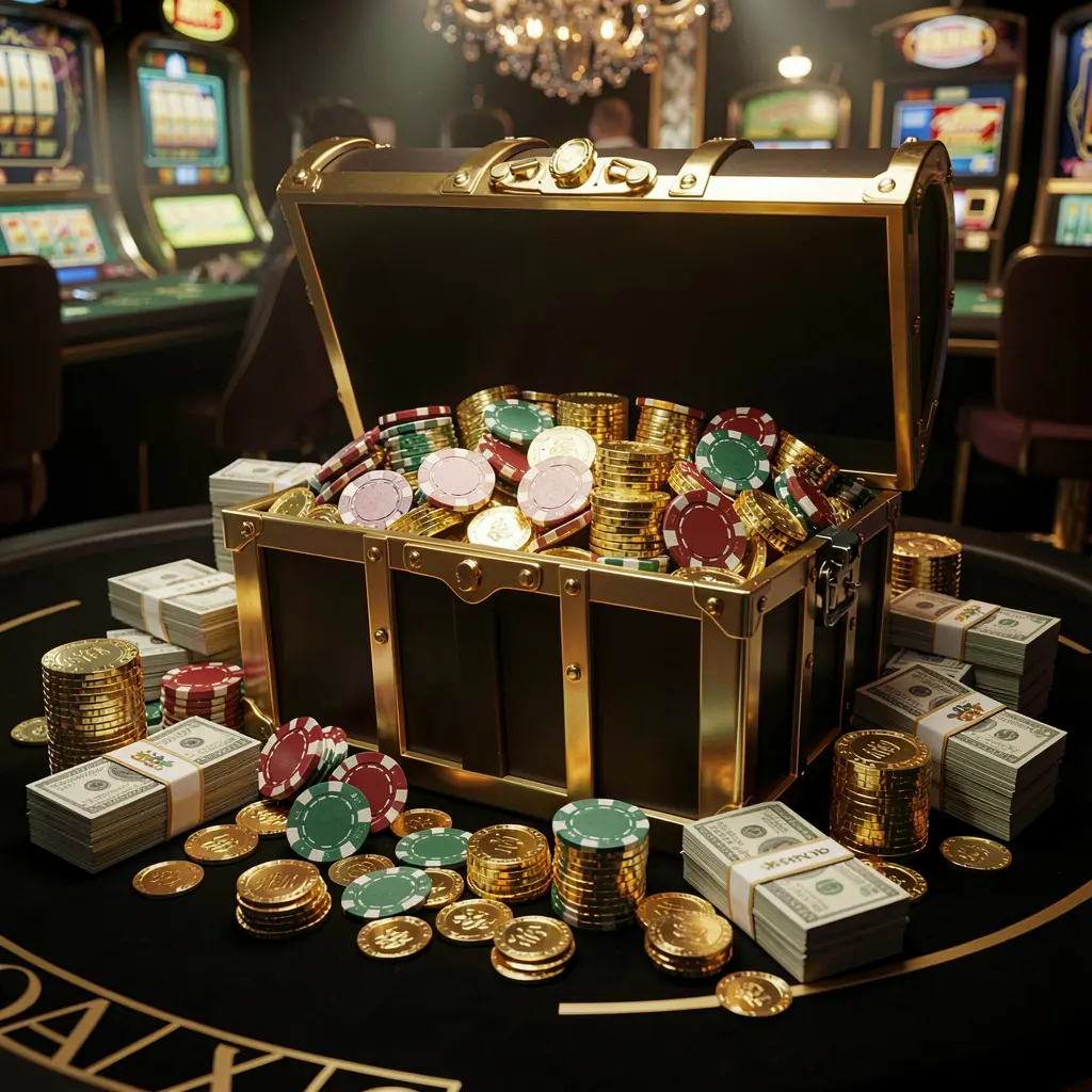 9AKING casino rewards scene featuring a golden treasure chest overflowing with chips, cash bundles, and sparkling coins in an elegant black and gold style with dramatic lighting