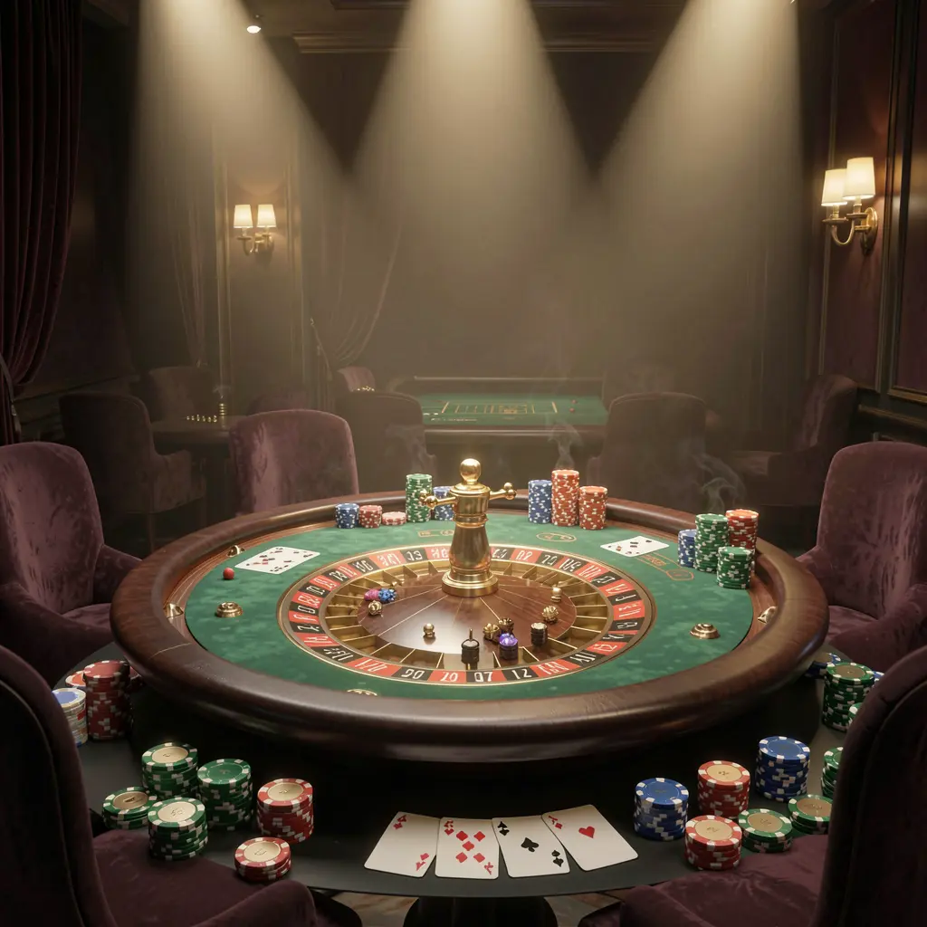 9AKING live casino scene featuring a roulette table, playing cards, and chips under glowing spotlights with a dark elegant background in a cinematic 3D style