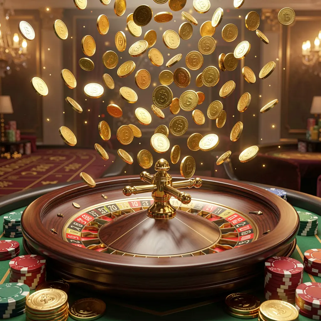 9AKING premium online casino banner with golden coins raining over a roulette wheel and poker chips against a glowing luxury background in a realistic 3D render