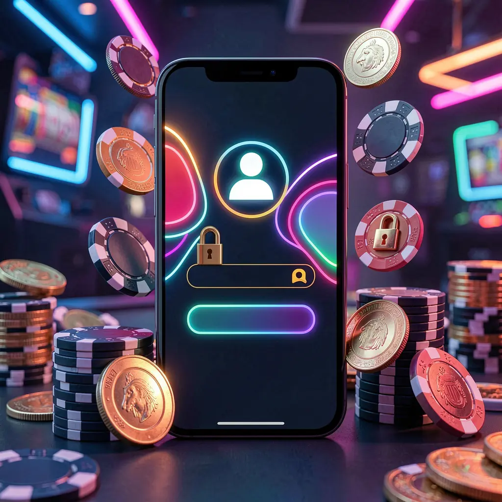 9AKING mobile gaming login page concept on a smartphone displaying an abstract login interface with user and lock icons, surrounded by casino chips and coins under luxury neon lighting