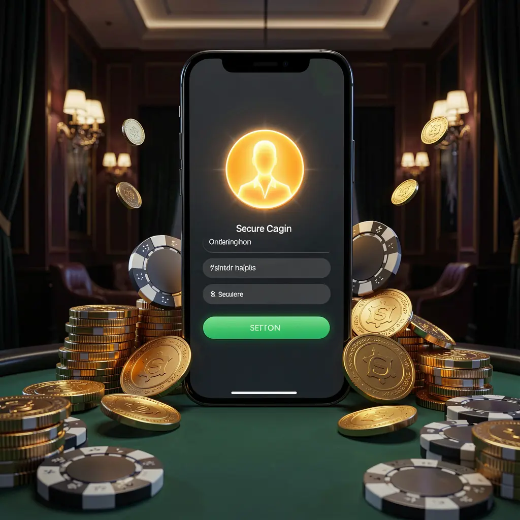9AKING online casino login page hero banner featuring a modern smartphone with a secure login screen, glowing user profile icon, golden coins and poker chips surrounding it against a dark luxury background in a premium 3D render