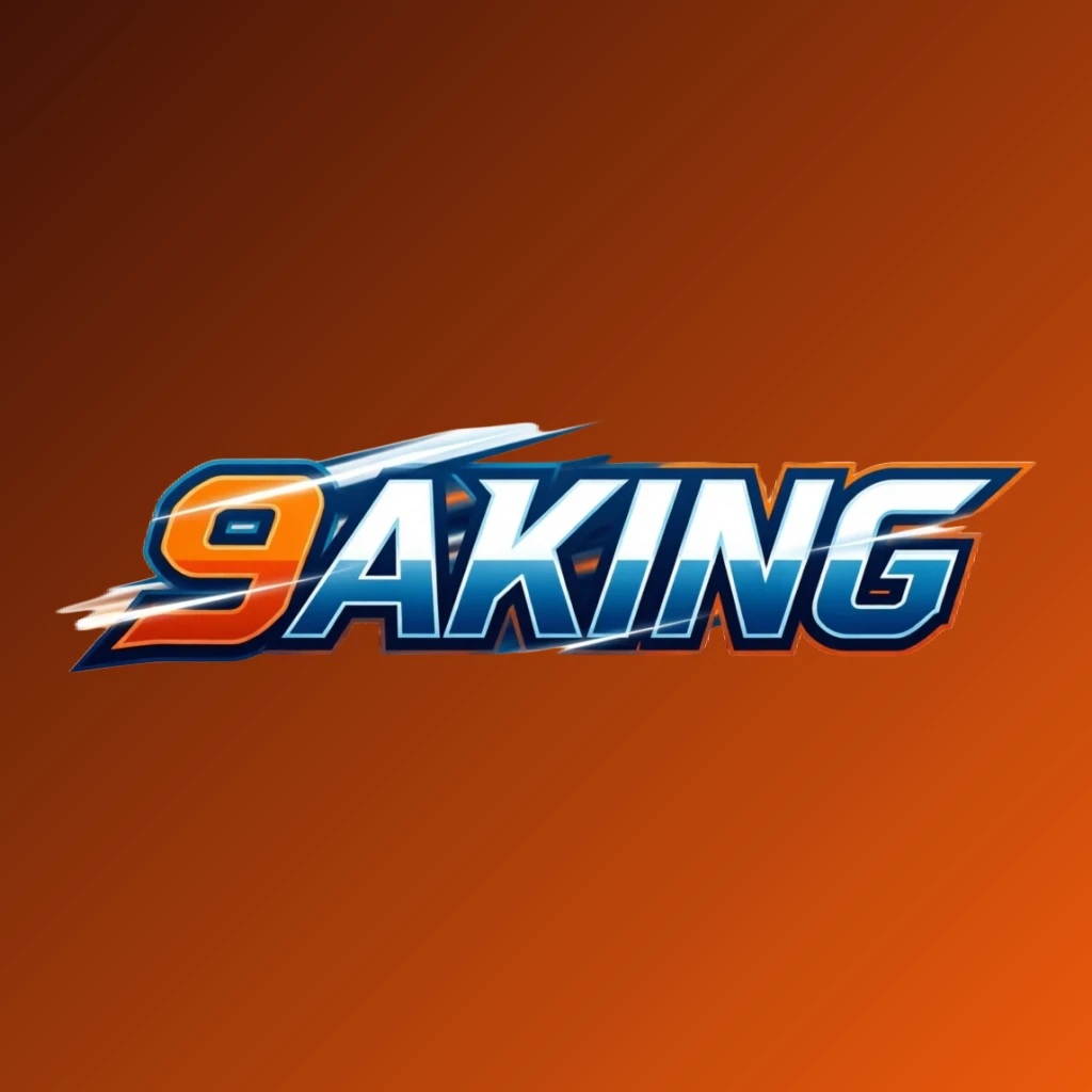 9AKING powerful sports logo with bold italic lettering in bright orange, blue, and white colors featuring speed lines and energetic motion effects on a transparent background, designed as a wide horizontal rectangular wordmark for a website header