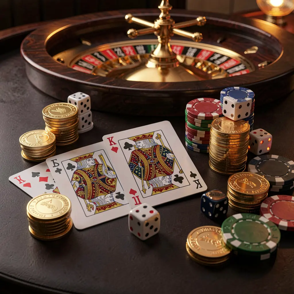 Elegant online casino homepage featuring 9AKING brand with royal flush cards, dice, golden coins, poker chips on a dark table, and a glowing roulette wheel in the background in a cinematic 3D render